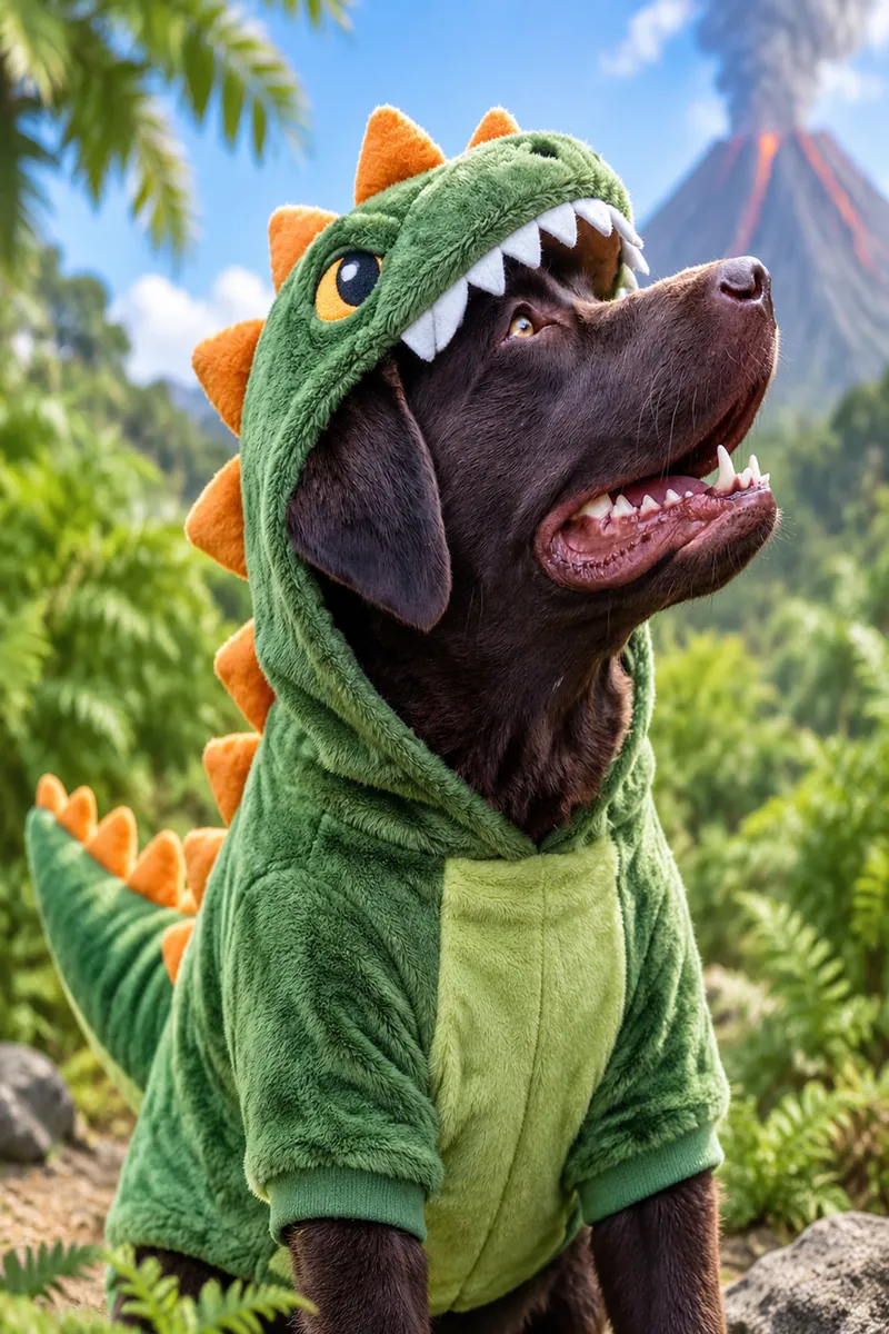 Chocolate Labrador in AI dinosaur Halloween costume