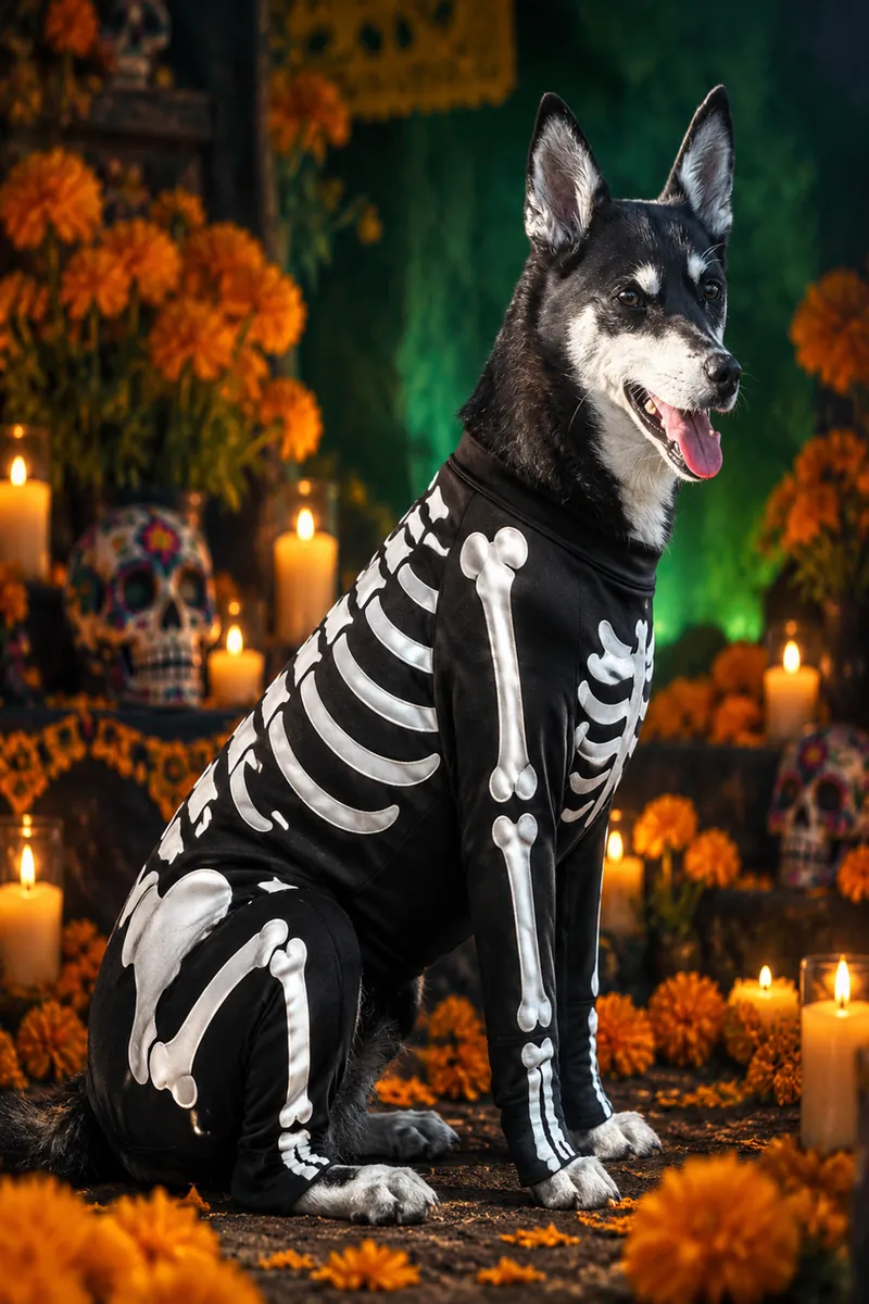Husky mix in AI skeleton Halloween costume