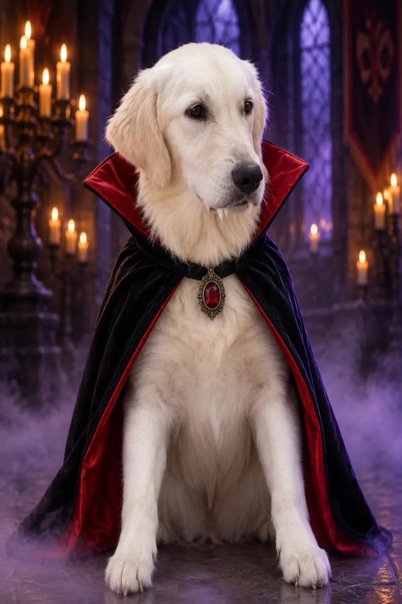 Golden retriever in AI vampire Halloween costume