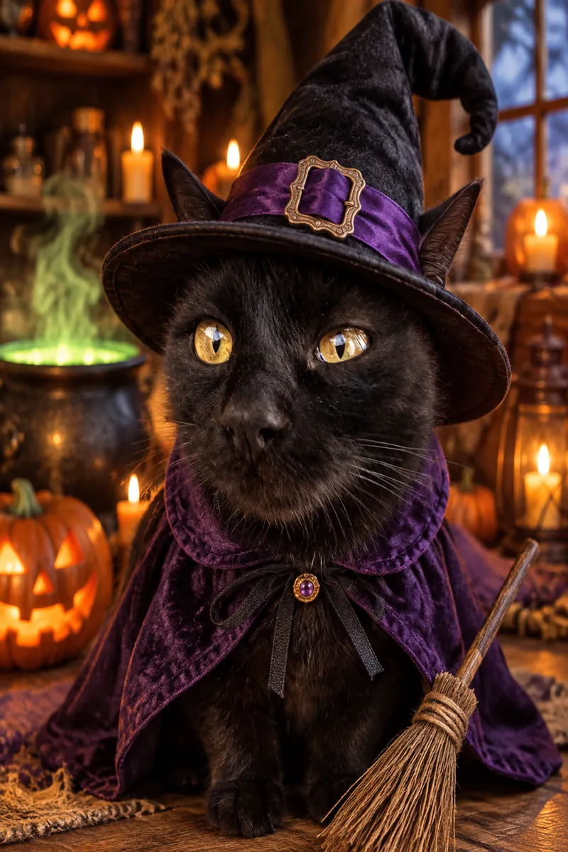 Black cat in AI witch Halloween costume